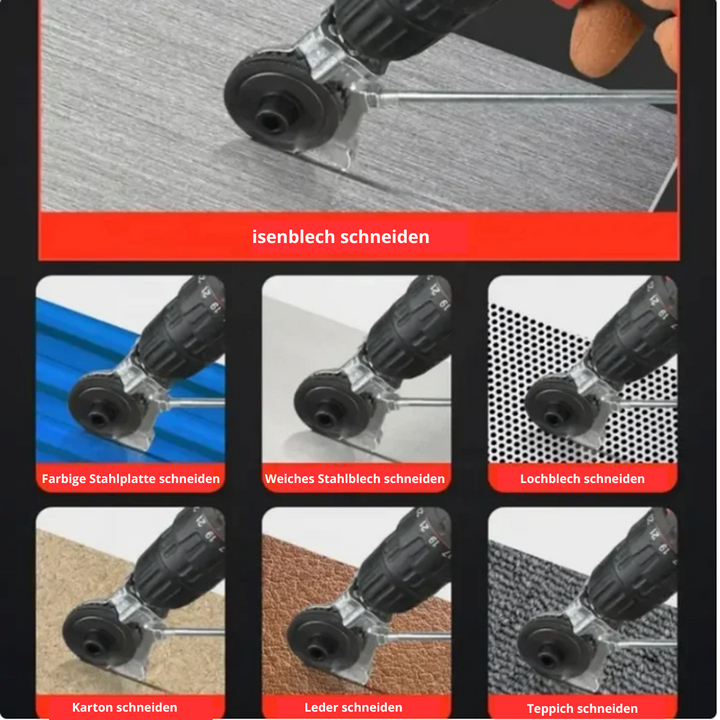 Professionelle Blechschere DrillCut Pro für Bohrmaschine. Schneidet Stahl, Aluminium, Kupfer schnell und präzise.