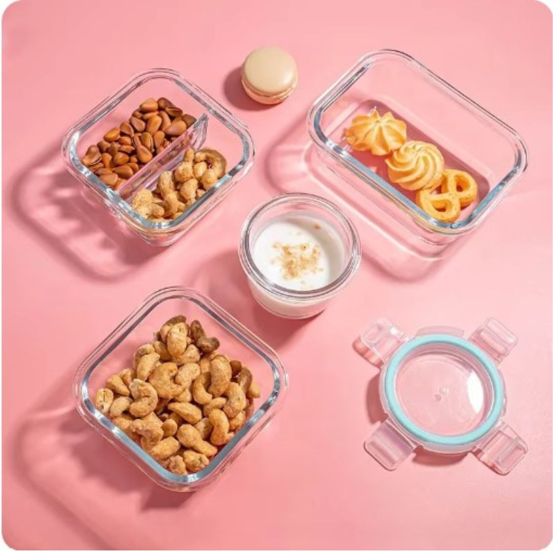 Ofenfeste Borosilikatglas Bento Box für Mahlzeiten. Umweltfreundliche Lebensmittelaufbewahrung. Spülmaschinenfest.