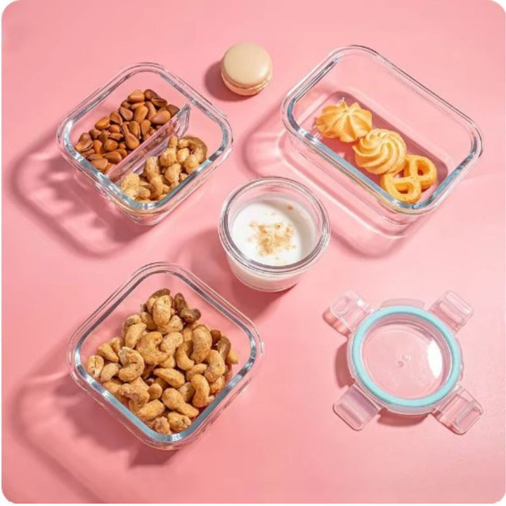 Ofenfeste Borosilikatglas Bento Box für Mahlzeiten. Umweltfreundliche Lebensmittelaufbewahrung. Spülmaschinenfest.