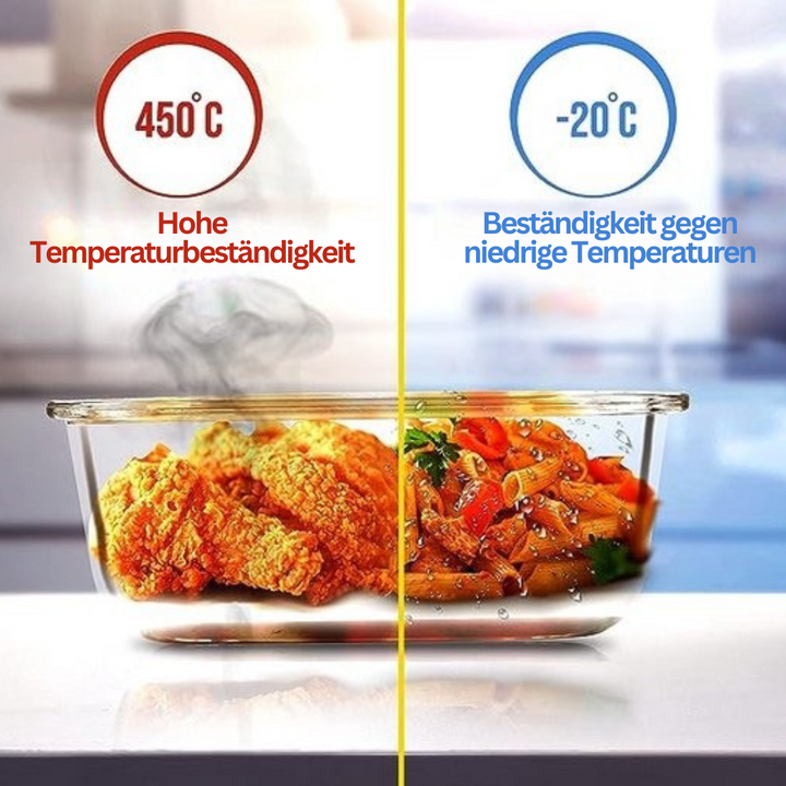 Robuste Borosilikatglas Vorratsdose, mikrowellengeeignet & ofenfest. Praktische Frischhaltedose für Unterwegs.