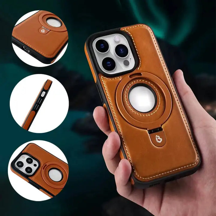 Braune elegante iPhone Handyhülle mit Magnet, Ringständer & Standfunktion, Business-Stil.