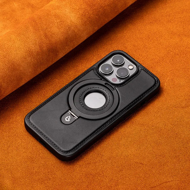 Schwarze Leder iPhone Schutzhülle mit Magsafe & integriertem Ringständer.