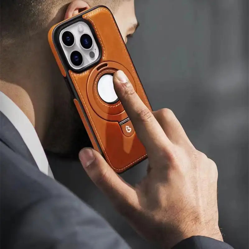 Elegante schwarze iPhone Ledertasche mit Ringständer und Standfunktion für Business.