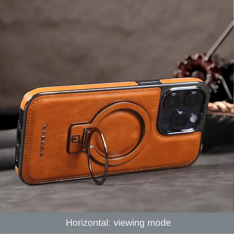 Luxuriöse schwarze iPhone Lederhülle mit Klappständer. Bietet eleganten Schutz & Komfort für iPhone 15, 14.