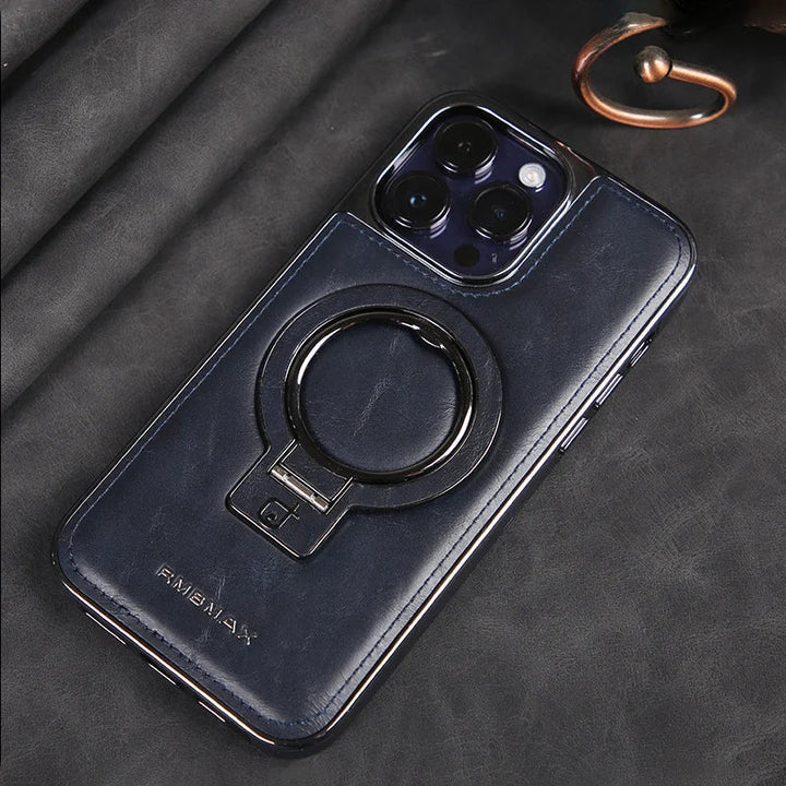 Schlanke schwarze iPhone Premium Lederhülle mit verstecktem Ständer. Optimaler Handyschutz für alle iPhone Modelle.