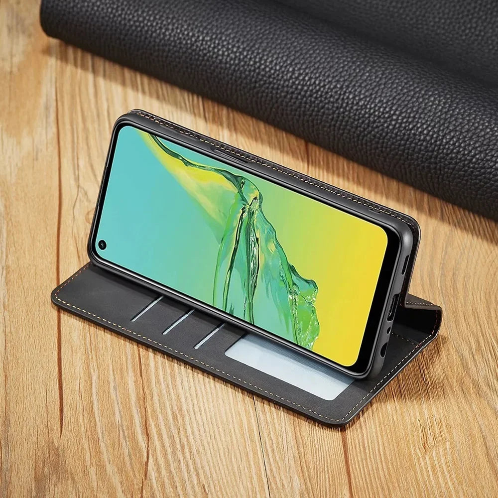 Elegante schwarze Samsung Galaxy Schutzhülle aus Leder, magnetisch und passgenau.
