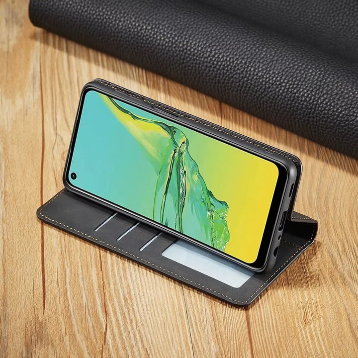 Elegante schwarze Samsung Galaxy Schutzhülle aus Leder, magnetisch und passgenau.