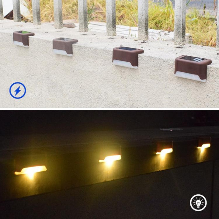 Braune Solarpanel LED Außenlichter, warmweiß, für Stufen und Wege im Garten.