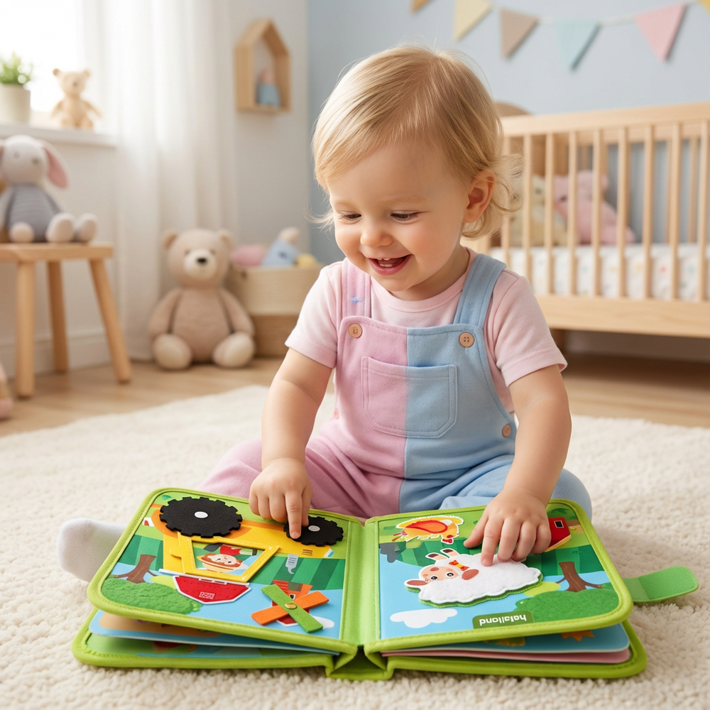 Kind öffnet Montessori Lernspielzeug Buch: bunte Bauernhof Tier Illustrationen fördern Entwicklung & Spiel.