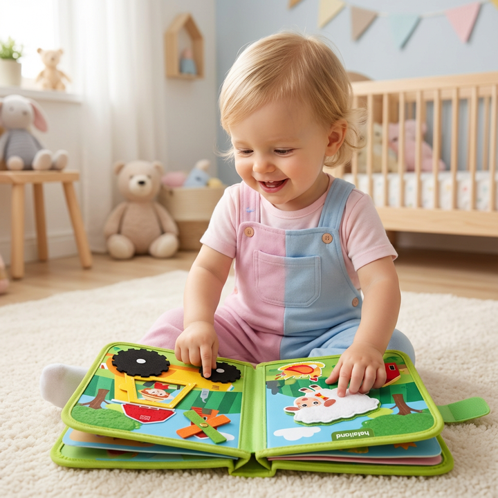 Kind öffnet Montessori Lernspielzeug Buch: bunte Bauernhof Tier Illustrationen fördern Entwicklung & Spiel.