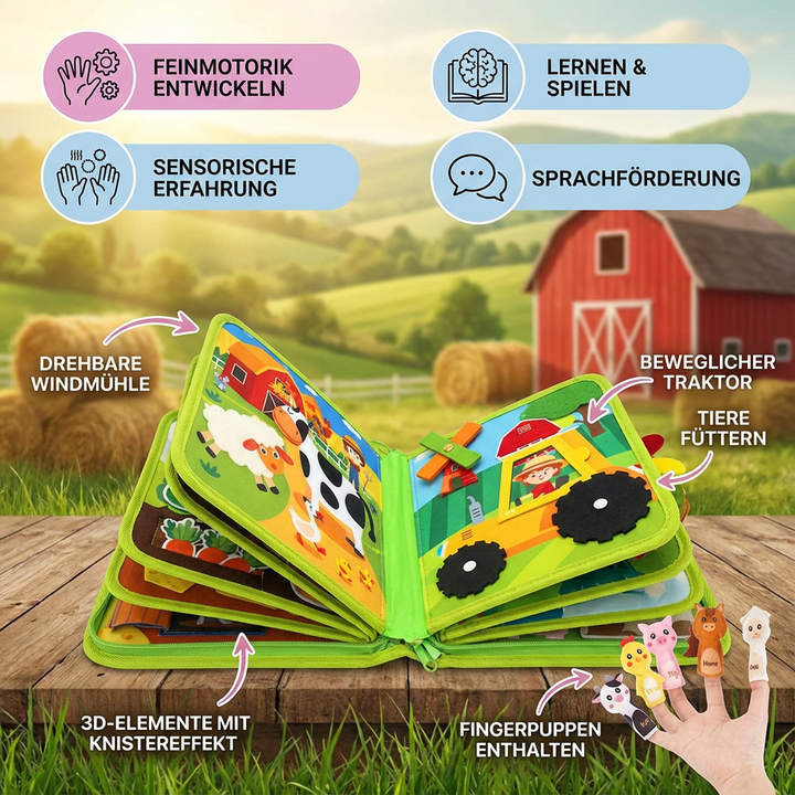 Seiten des Montessori Bauernhof Buches mit liebevollen Tierbildern; ideal für spielerisches Lernen bei Kleinkindern.