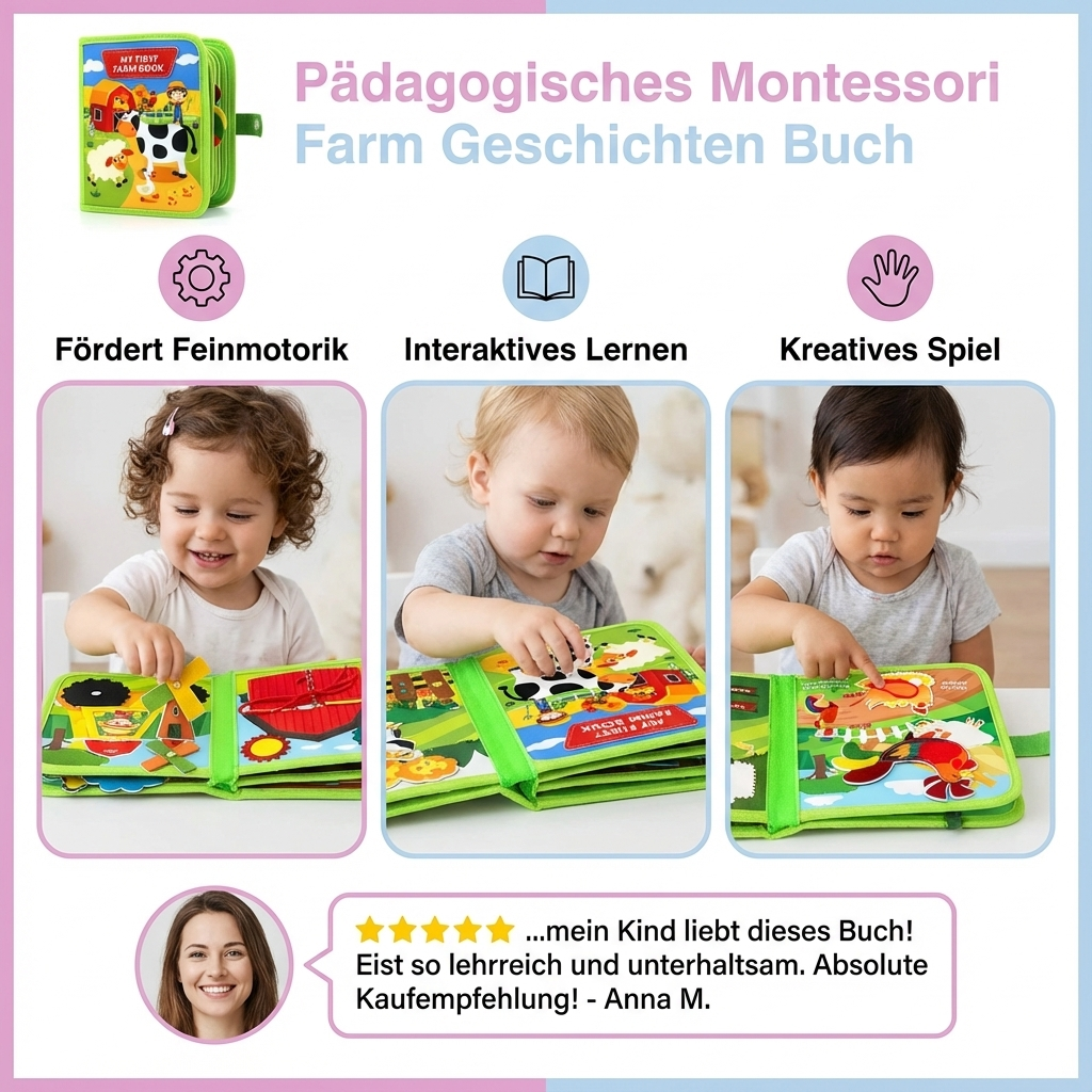 Detailaufnahme: fröhliche Kuh-Illustration im Montessori Kinderbuch; fördert spielerisch Wissen über Bauernhoftiere.