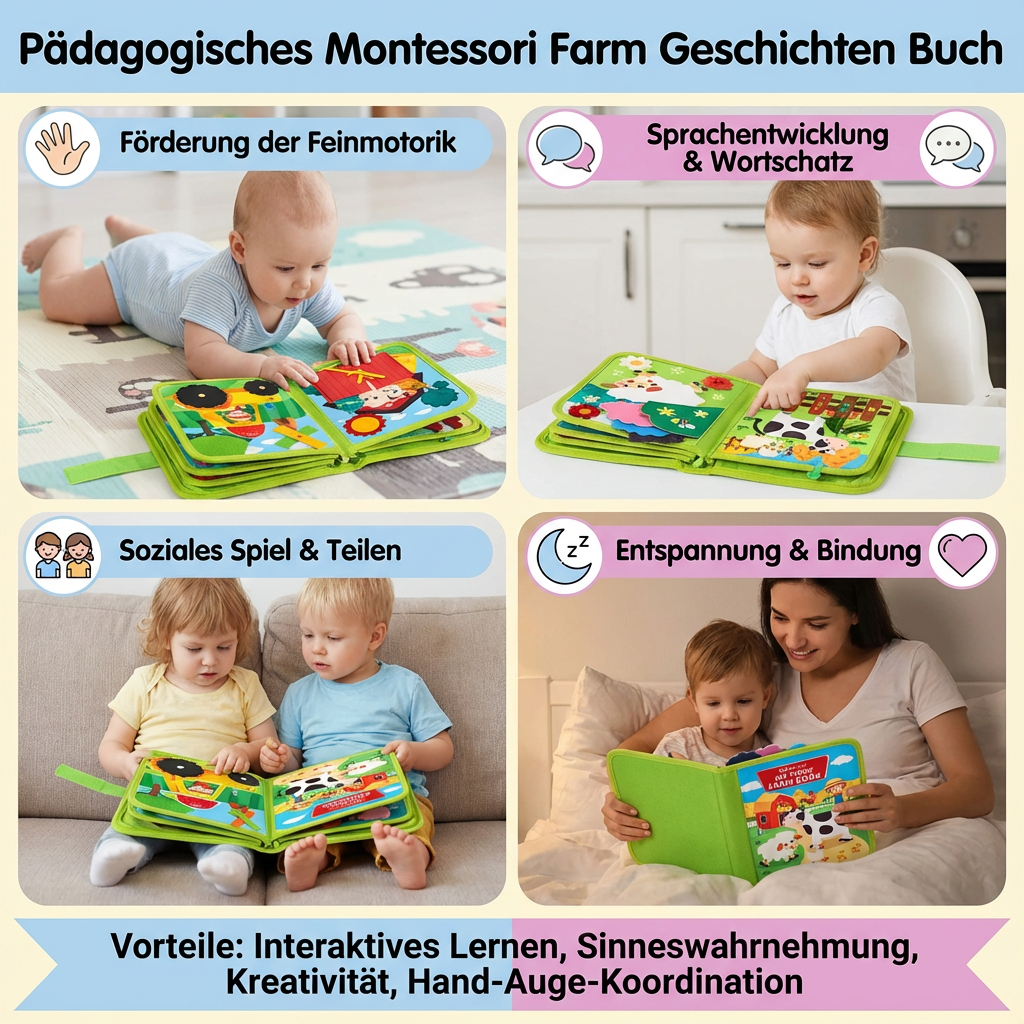 Montessori Buch über Bauernhof Tiere, offen auf einer Decke, daneben Spielzeug; ideales Geschenk für Kleinkinder.