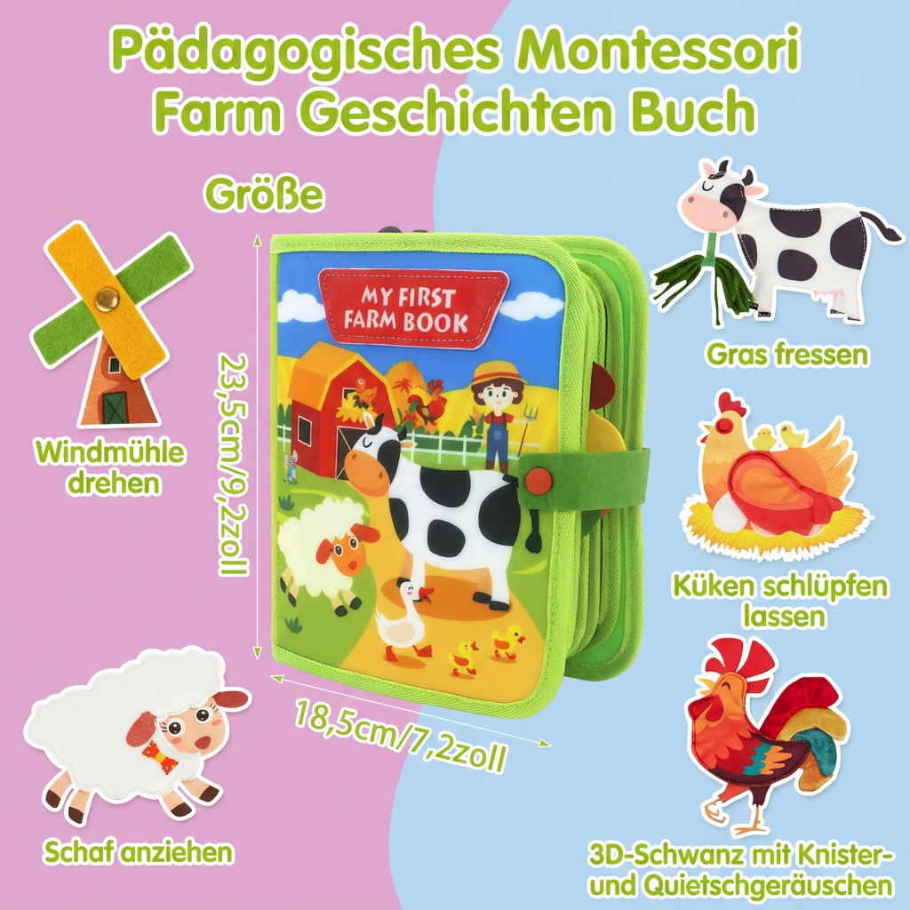 Kleinkind blättert begeistert im pädagogischen Bauernhof Geschichten Buch; Montessori Lernspielzeug für Entwicklung.