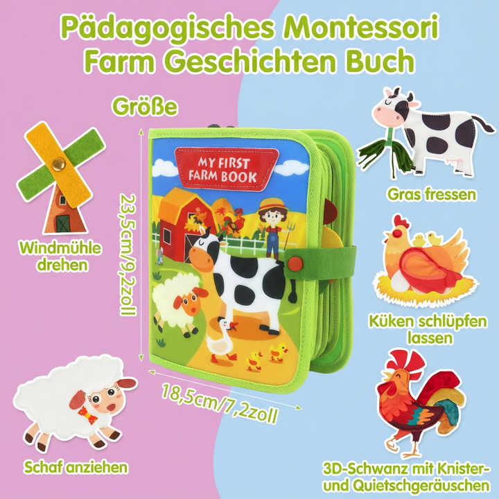 Kleinkind blättert begeistert im pädagogischen Bauernhof Geschichten Buch; Montessori Lernspielzeug für Entwicklung.