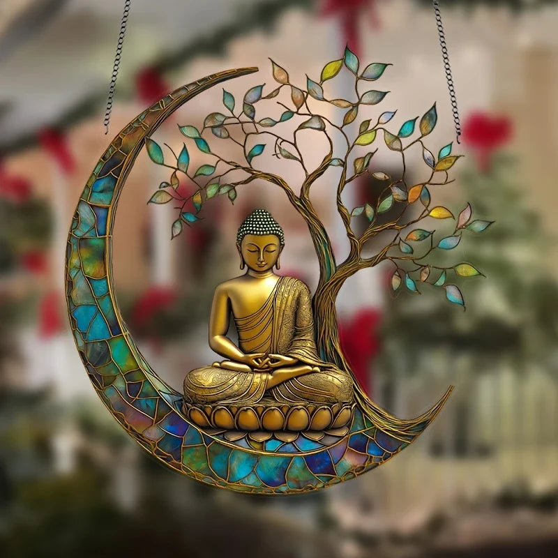 Spiritueller Buddha Acryl Sonnenfänger als Fensterdekor. Ideal für Meditation und eine beruhigende Atmosphäre.