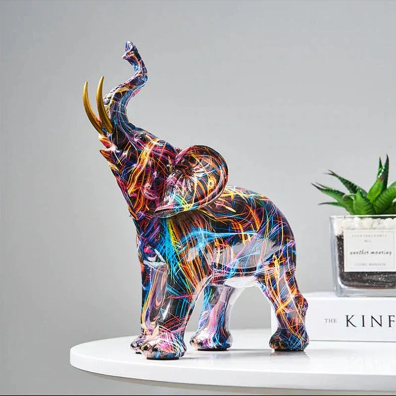 Bunte Elefanten-Skulptur ColorSplash aus Harz, lebendige und moderne Dekoration für Ihr Zuhause und Wohnzimmer.
