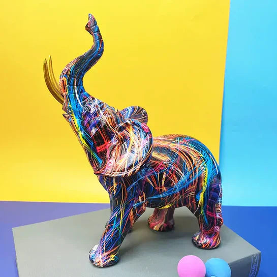 Einzigartige Elefanten-Skulptur ColorSplash, farbenfrohe Harzfigur als modernes Kunstobjekt für Wohnkultur.
