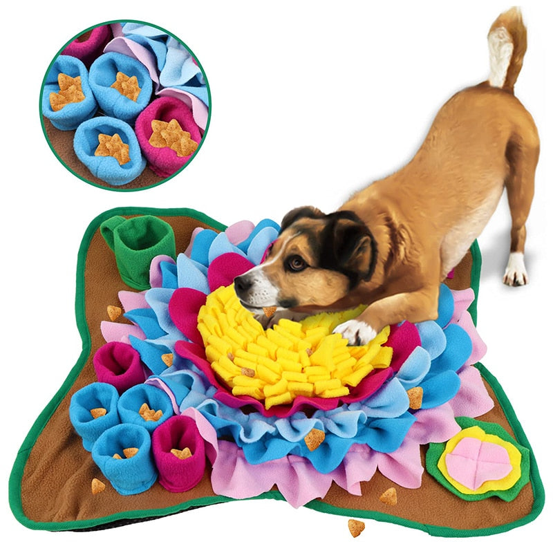 Glücklicher Hund schnüffelt begeistert auf der Soft-Schnüffelmatte, fördert Geruchssinn & reduziert Stress.