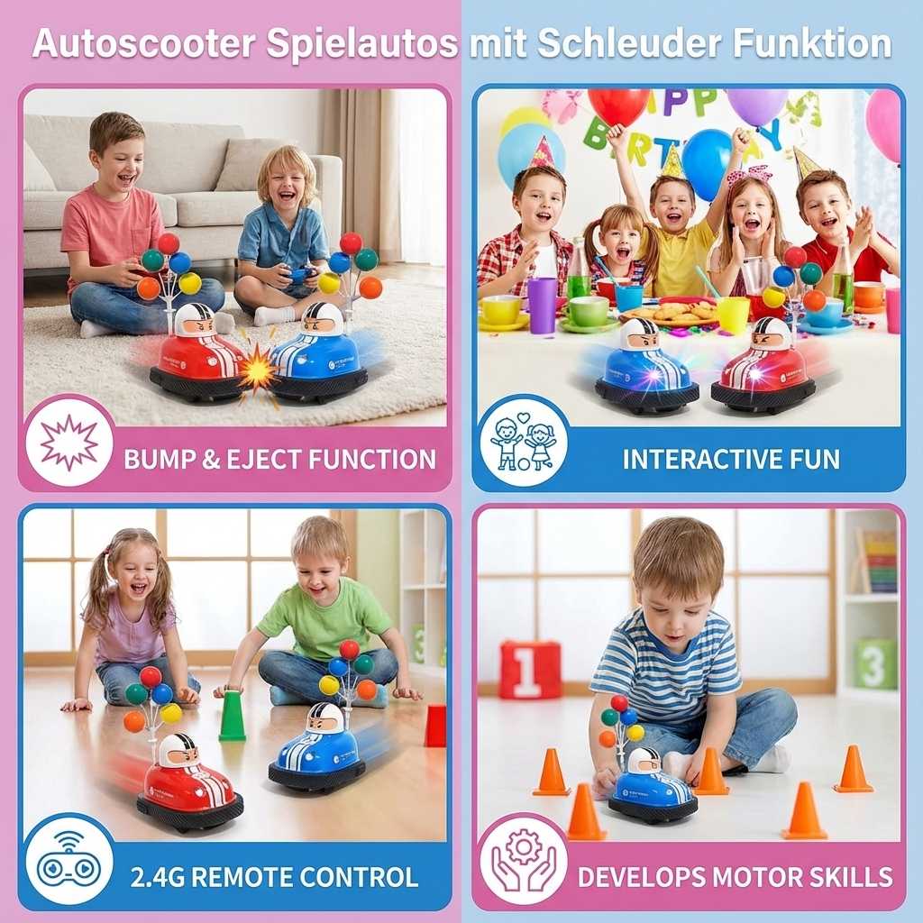 Nahaufnahme eines Autoscooter Spielautos beim Auslösen der Schleuder-Funktion; dynamisches Action Spielzeug.