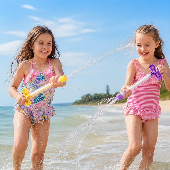 Bunte Kinder Wasserpistole Zieh-Blaster für endlosen Wasserspaß im Garten. Perfektes Outdoor Spielzeug.