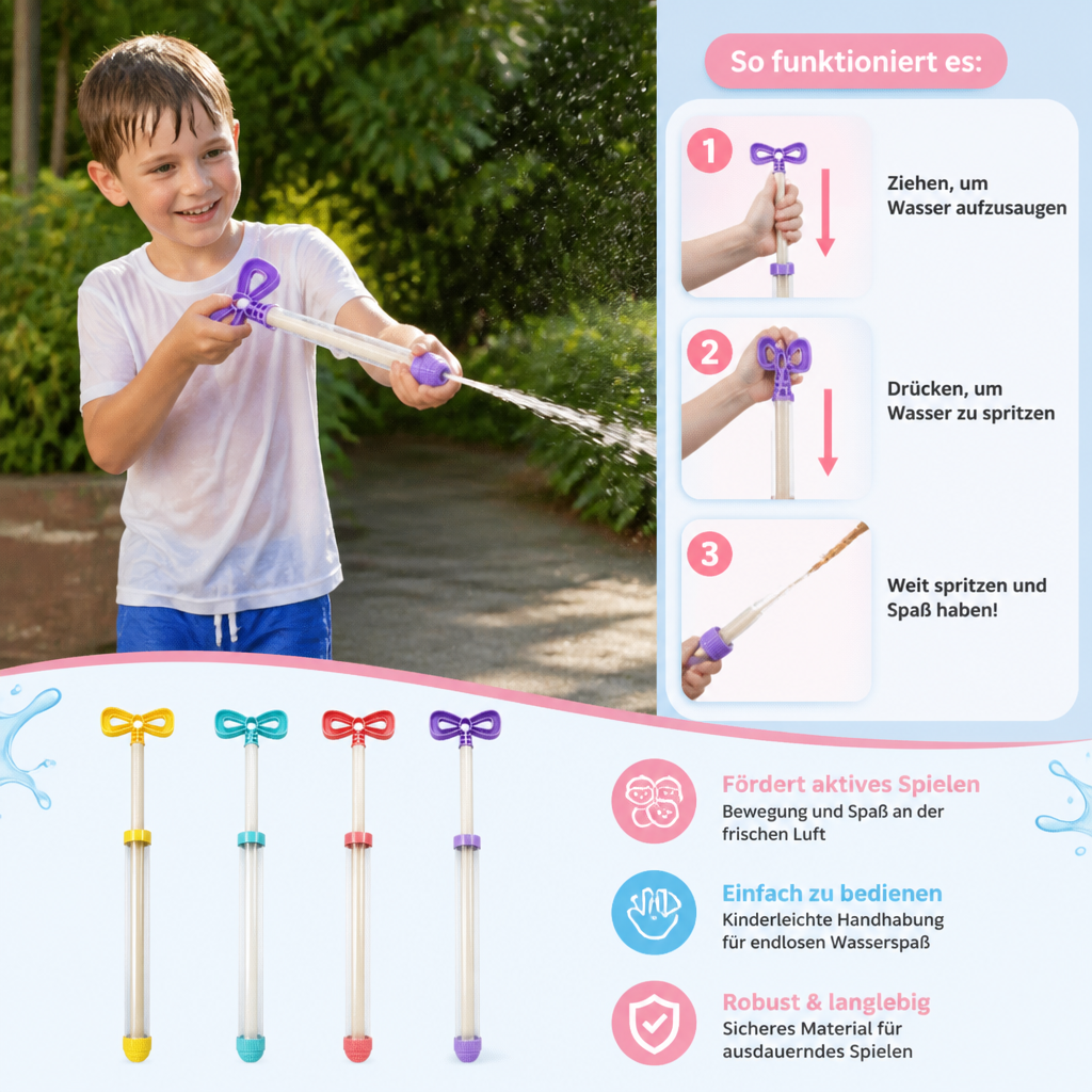 Einfach zu bedienende Zieh-Wasserpistole für Kinder. Fördert aktives Spiel im Freien, spritziger Spaß.