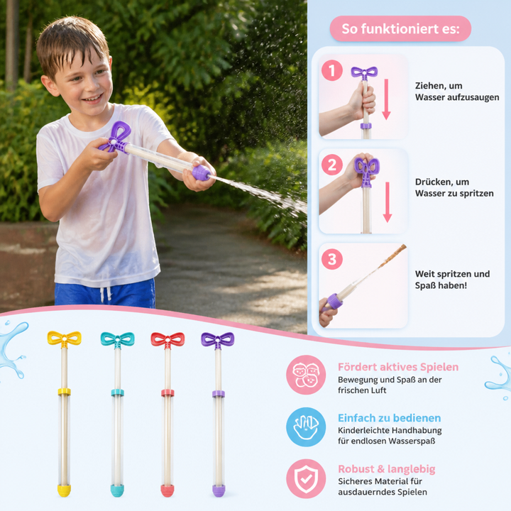 Einfach zu bedienende Zieh-Wasserpistole für Kinder. Fördert aktives Spiel im Freien, spritziger Spaß.