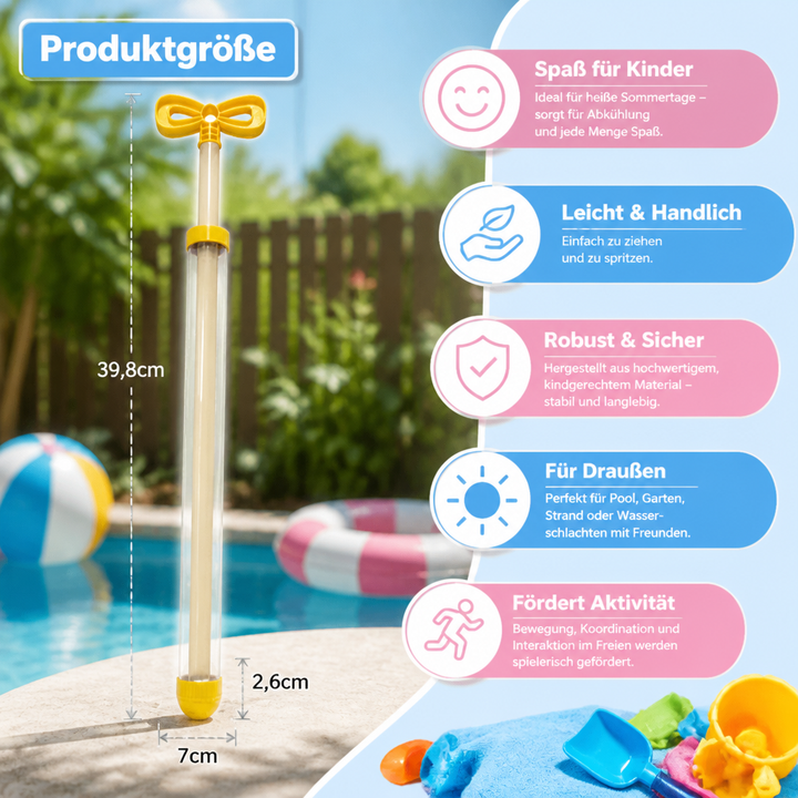 Helle, bunte Kinder Wasserpistole für spritzigen Outdoor-Sommer-Spaß. Fördert Bewegung und Freude.