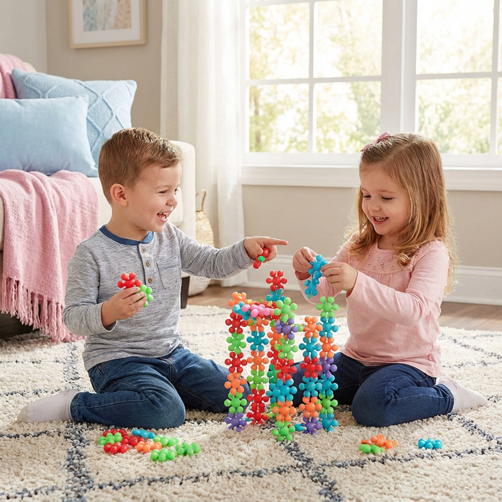 Bunte Montessori Schneeflocken Bausteine fördern Kreativität & Feinmotorik bei Kindern.