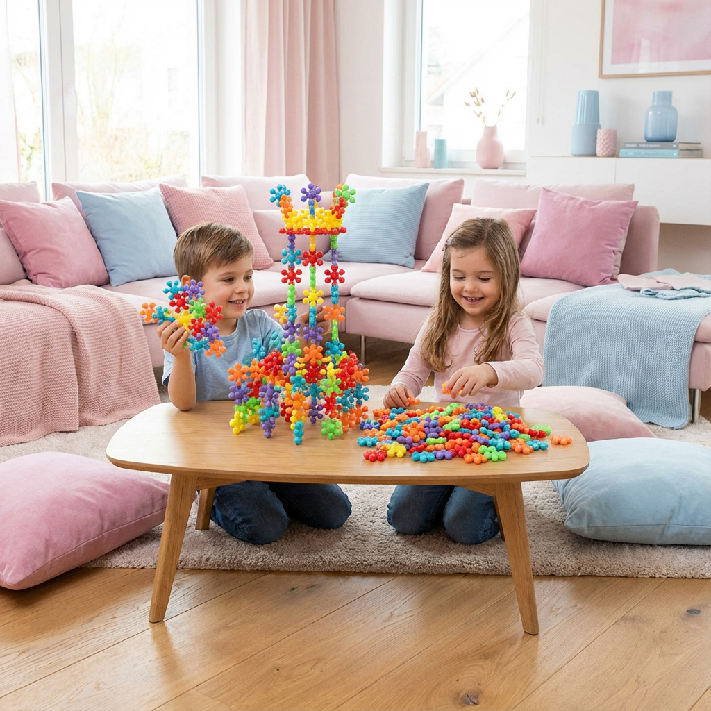 Kinder bauen spielerisch mit bunten Schneeflocken Bausteinen, entwickeln Feinmotorik.