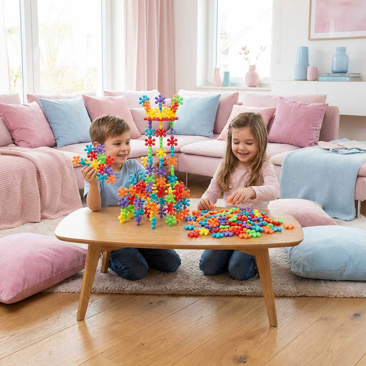 Kinder bauen spielerisch mit bunten Schneeflocken Bausteinen, entwickeln Feinmotorik.