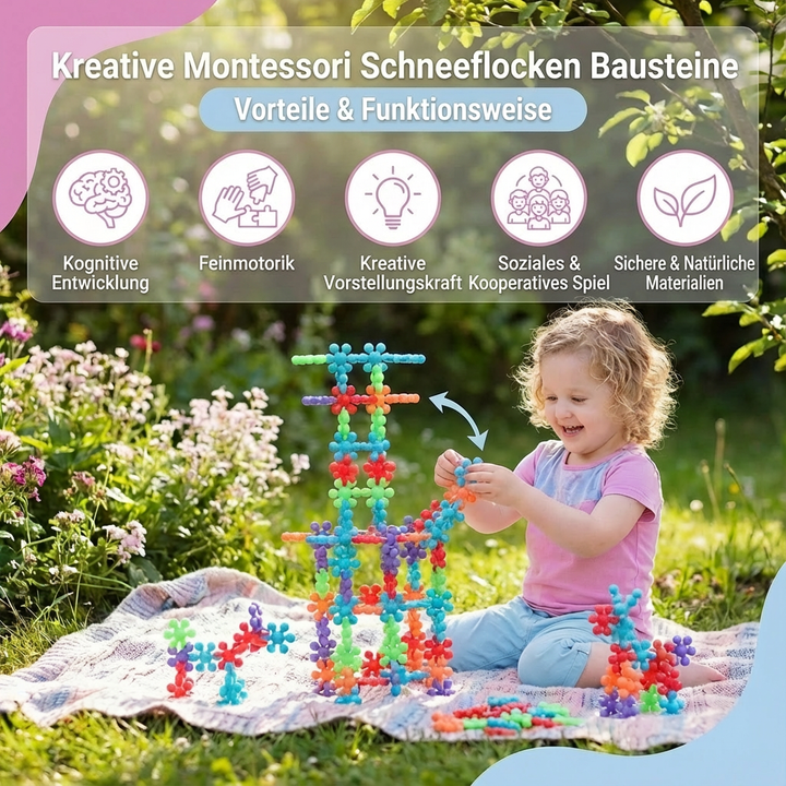 Nahaufnahme der strukturierten Montessori Schneeflocken Bausteine in leuchtenden Farben.