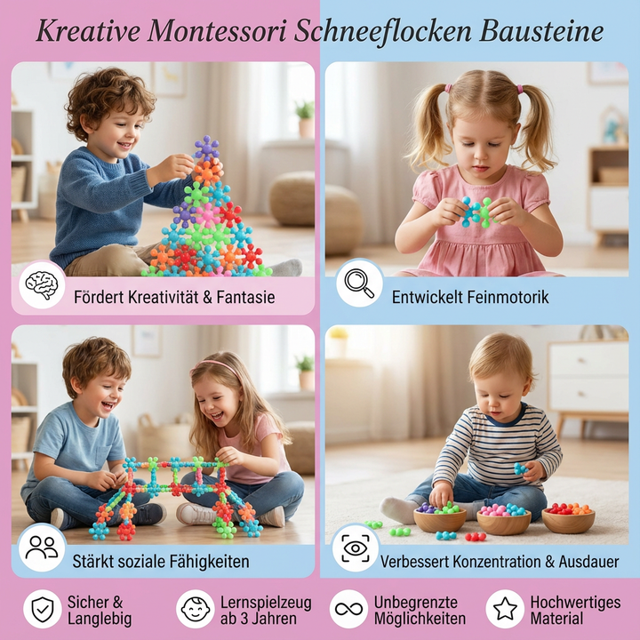 Lernspielzeug: Montessori Schneeflocken Bausteine als kreatives Konstruktionsspiel für Kinder.