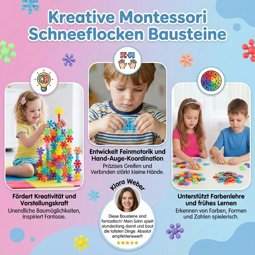 Ideales Geschenk: Bunte Schneeflocken Bausteine als Montessori Lernspielzeug für kreative Kinder.