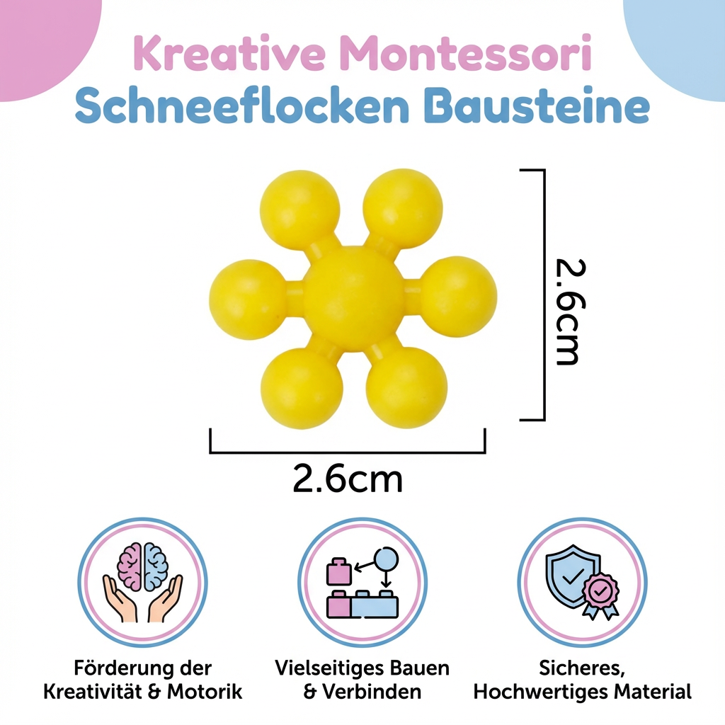 Vielfältige Konstruktionen mit bunten Schneeflocken Bausteinen; fördert räumliches Denken.