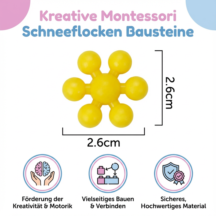 Vielfältige Konstruktionen mit bunten Schneeflocken Bausteinen; fördert räumliches Denken.