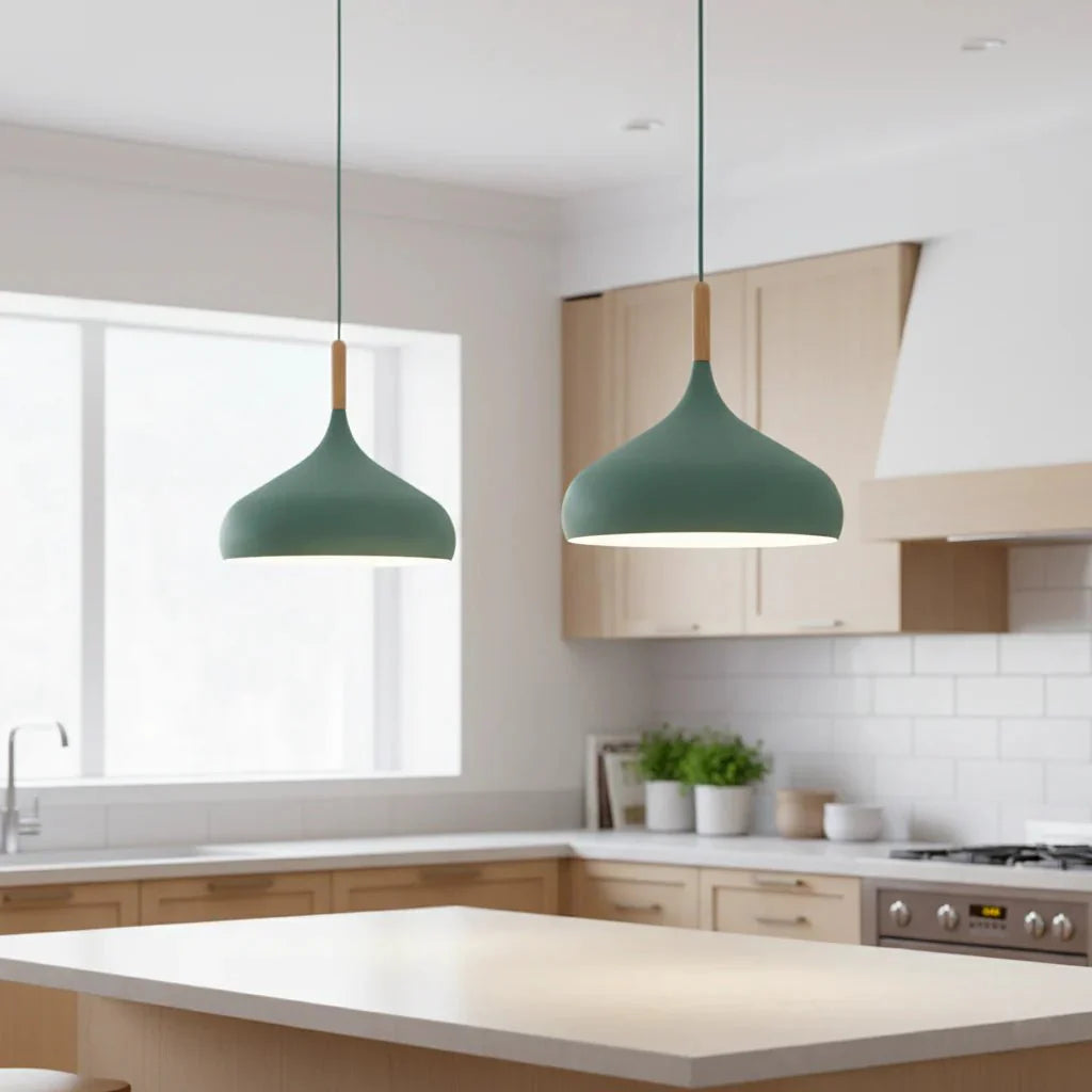 Dekorative, bunte Pendelleuchte im nordischen Stil. Moderne Metalllampe, ideal für minimalistische Wohnzimmerbeleuchtung.