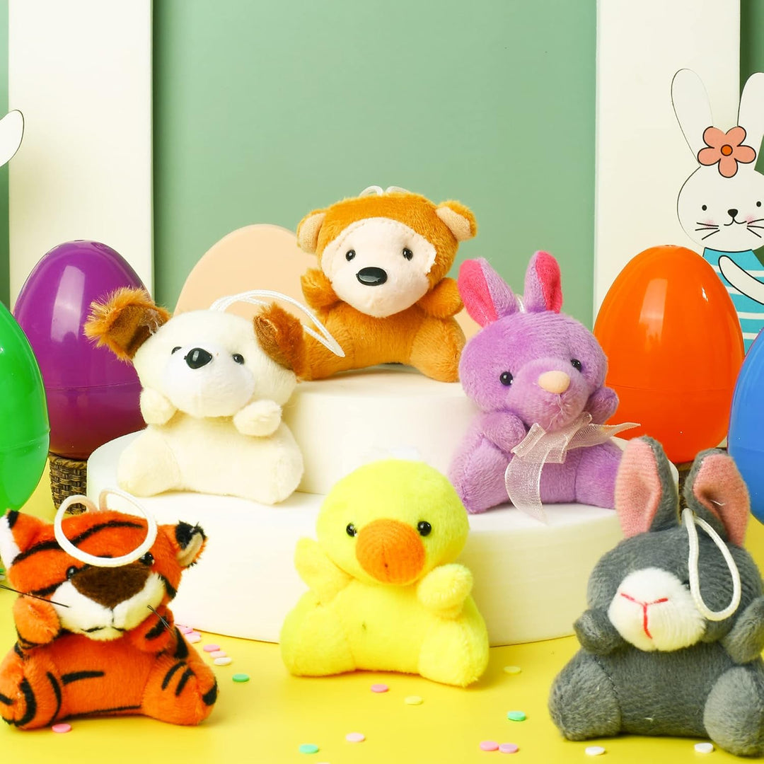 Bunte Oster Überraschungseier für Kinder mit süßen Mini Plüschtieren, perfekt für Ostereiersuche.
