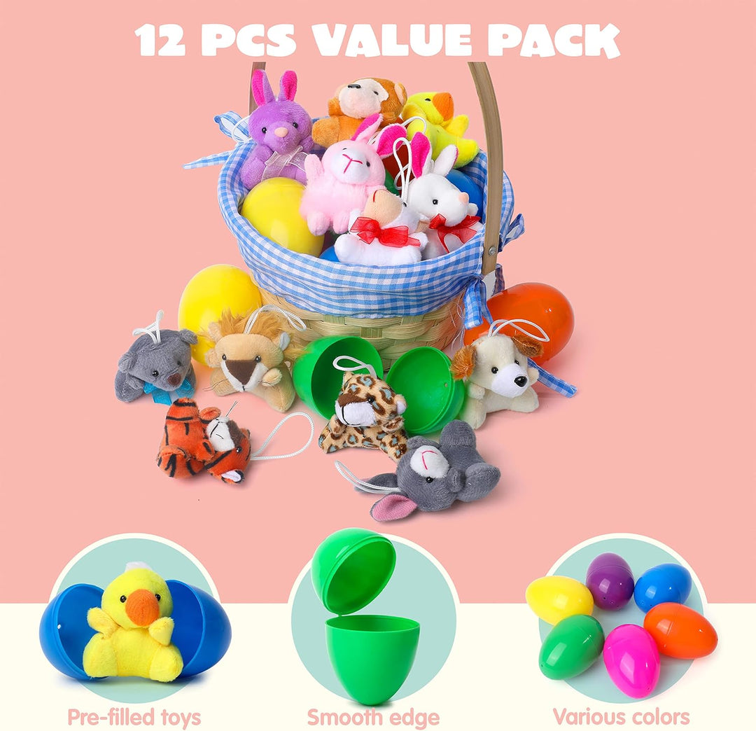 Set farbiger Überraschungseier, jedes enthält ein weiches Mini Plüschtier als Ostergeschenk für Kinder.