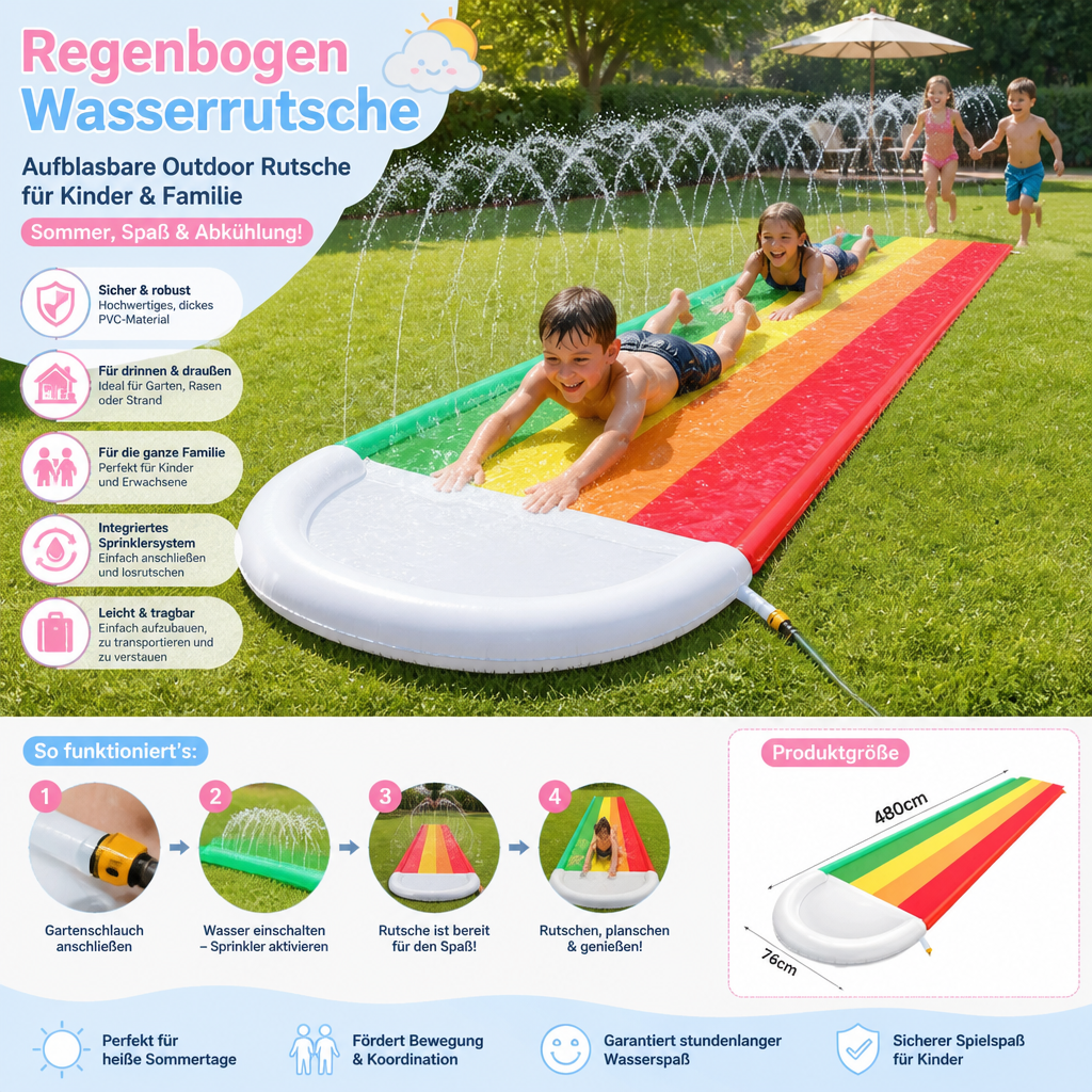 Familien-Wasserrutsche mit Regenbogen-Design, perfekt für den Garten. Fördert Outdoor-Spiel & Sommerspaß für Kinder.