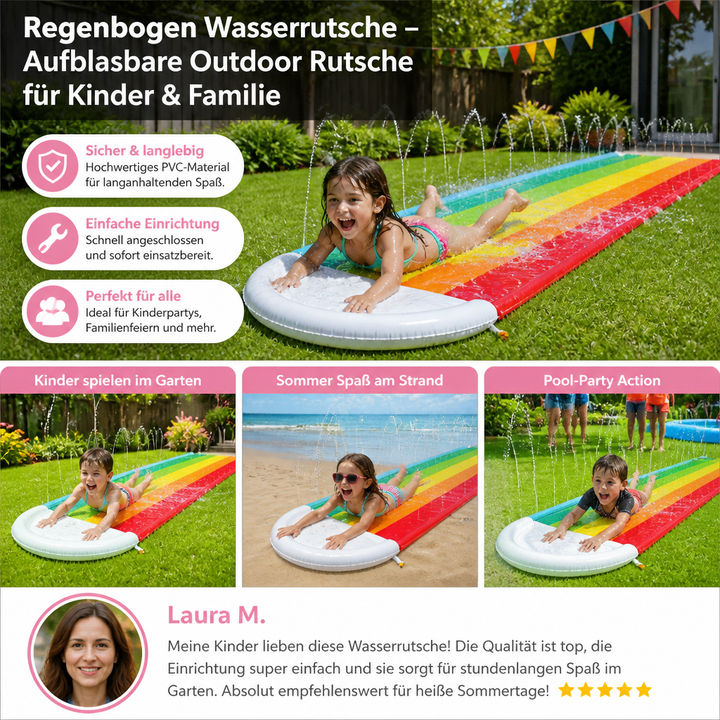 Aufblasbare Regenbogen Wasserrutsche für Kinder, bringt erfrischenden Spaß in jeden Garten. Ideales Sommerspielzeug.