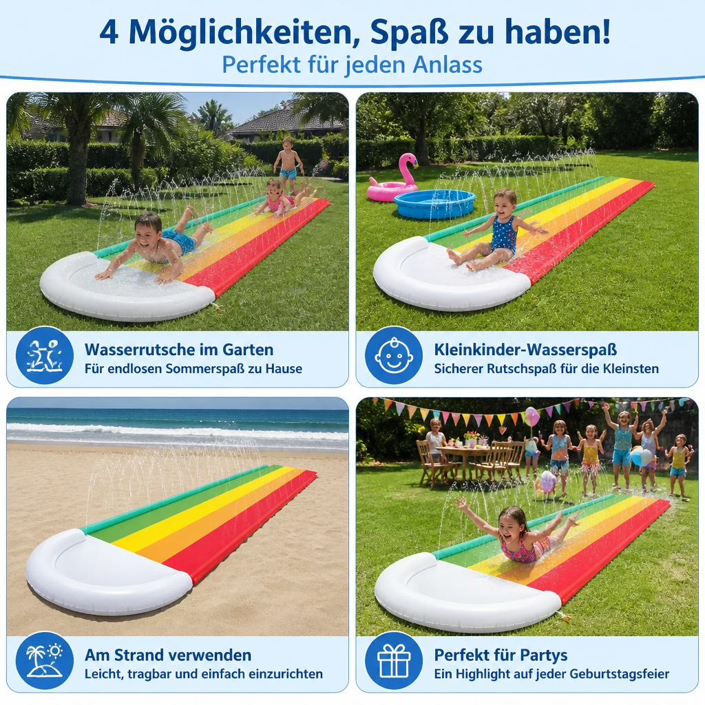 Lebendige Regenbogen Wasserrutsche für Kinder, ein farbenfrohes Outdoor-Spielzeug für den sommerlichen Garten-Spaß.