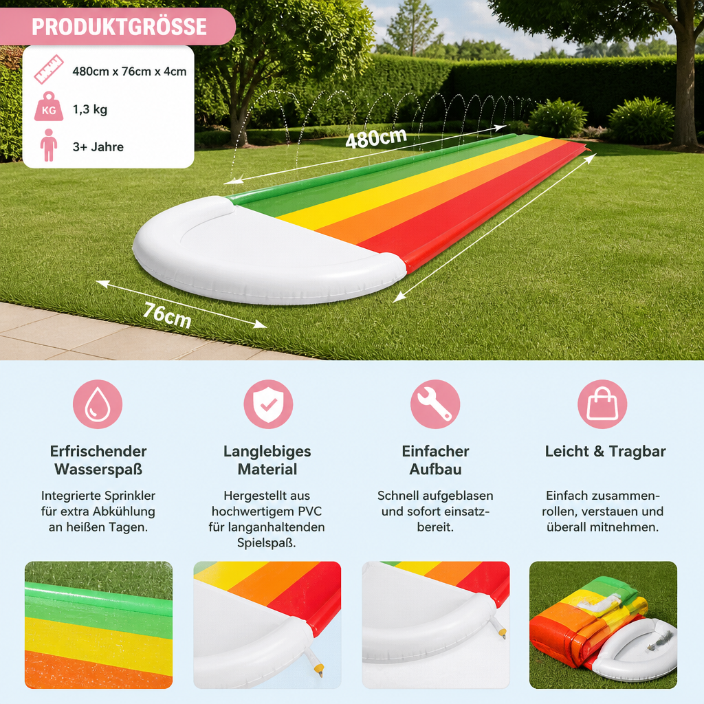 Kinder-Wasserrutsche mit Regenbogenfarben, sorgt für spritzigen Outdoor-Sommerspaß für die ganze Familie im Garten.