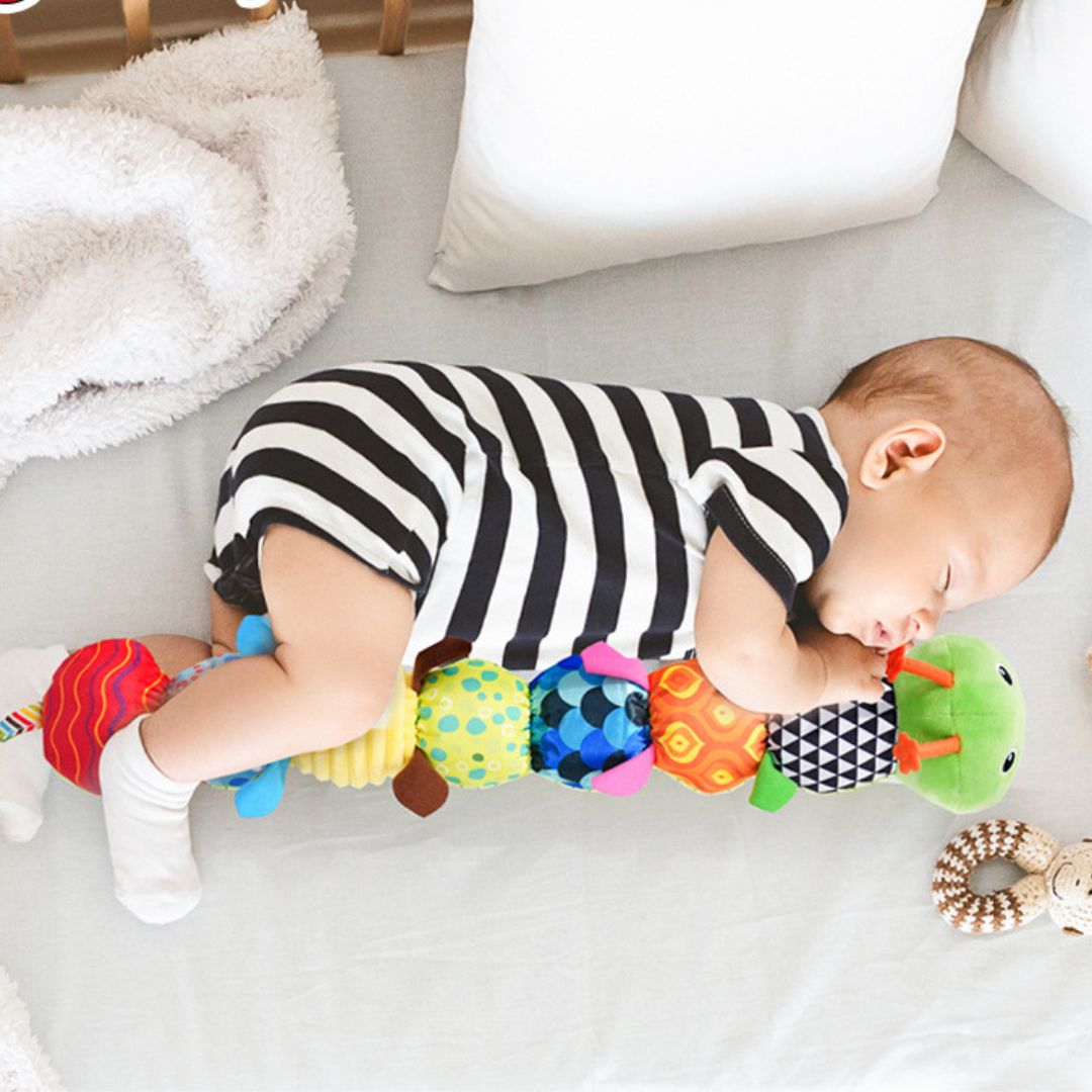 Weiche Plüschraupe mit Rassel und Musik für Babys. Ideales sensorisches Babyspielzeug zur Frühförderung.