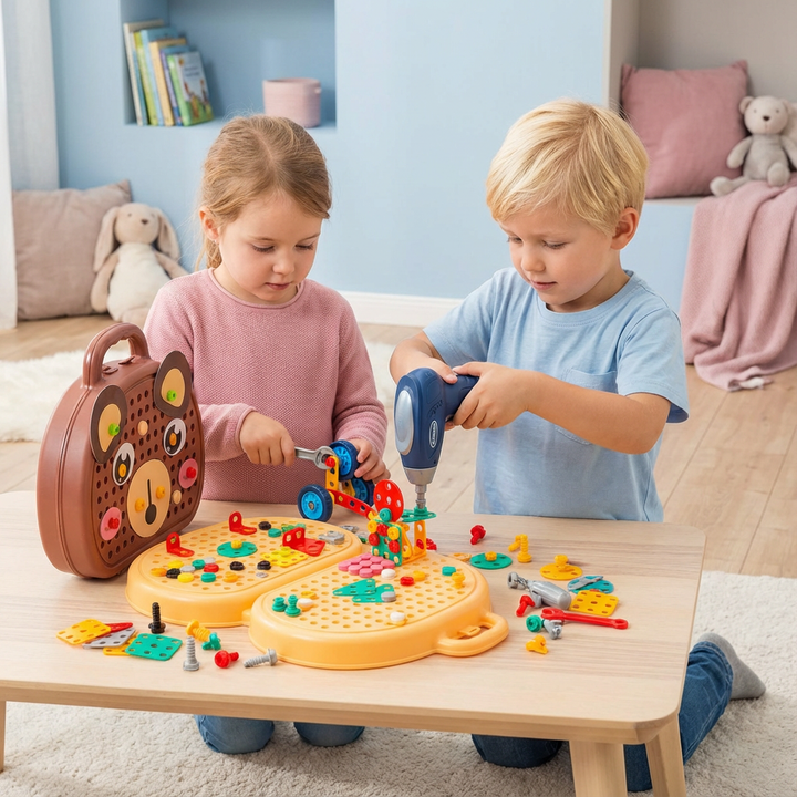Bunter Holz-Werkzeugkasten für Kinder. Fördert Kreativität & Feinmotorik beim Spielen.