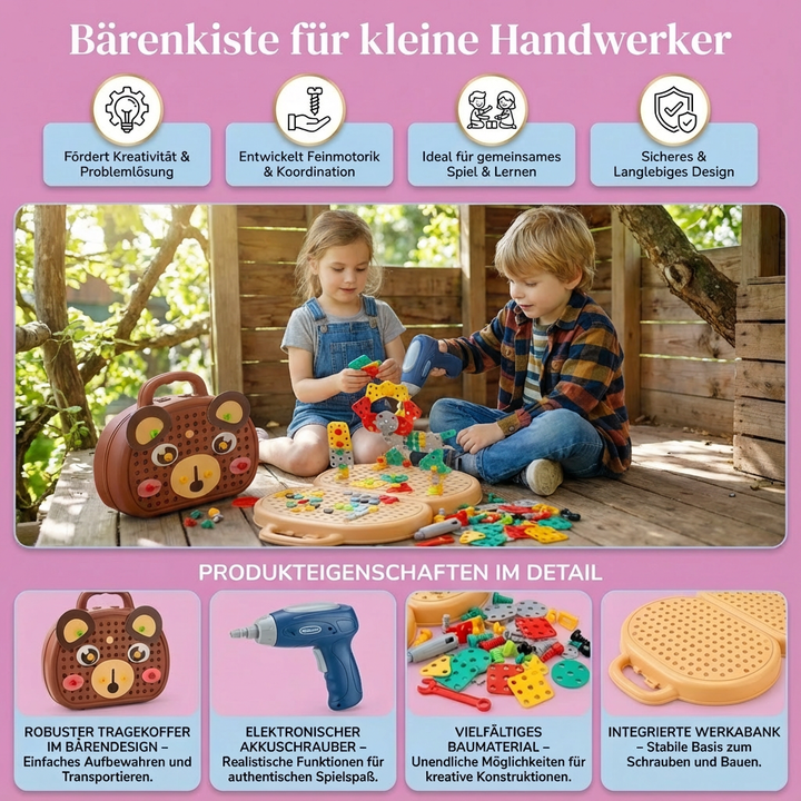 Pädagogischer Werkzeugkasten für Kinder. Lernspielzeug für Motorik & Bauspaß. Ideales Geschenk.