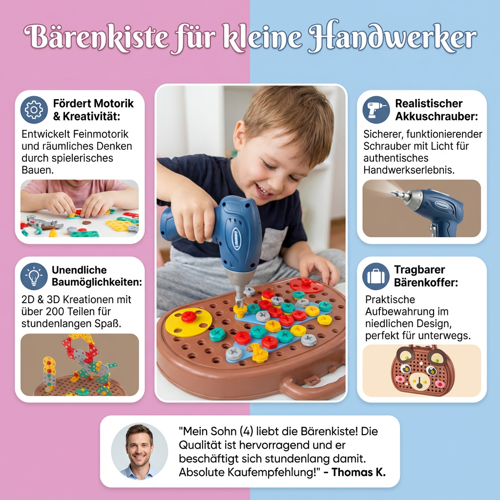 Spielzeug Werkzeugset für Kleinkinder. Robuster Kinder Werkzeugkasten, regt Kreativität & Geschick an.