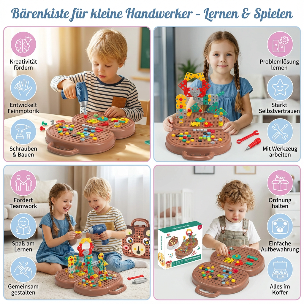 Bunter Kinder Werkzeugkoffer. Lernspielzeug mit vielen Teilen zum Bauen & Montieren. Für Baumeister.