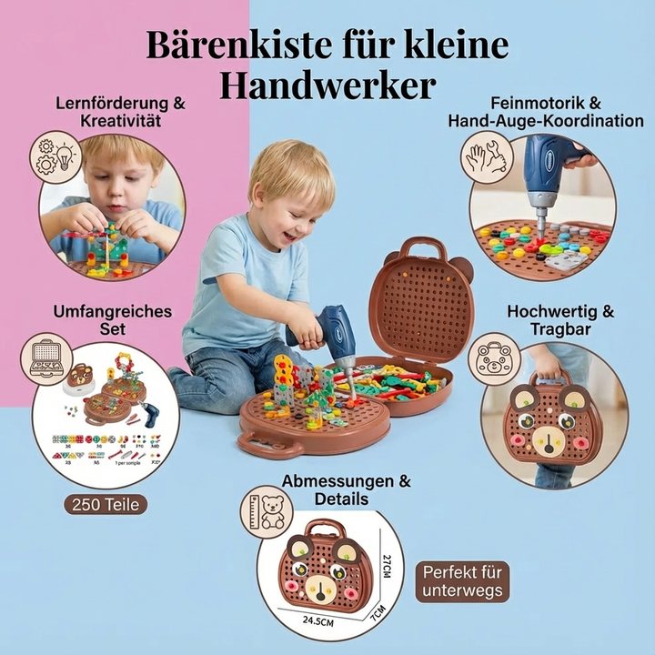 Kinderspielzeug Motorik Werkzeugkasten. Entwickelt spielerisch Geschicklichkeit & Problemlösung bei Kindern.