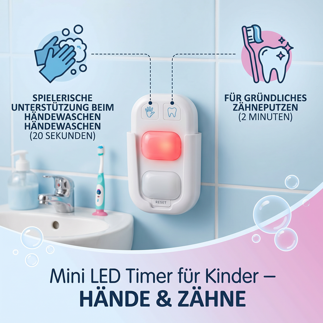 Praktischer LED Händewaschen Timer für Kinder. Fördert gute Handhygiene und Routine im Badezimmer.